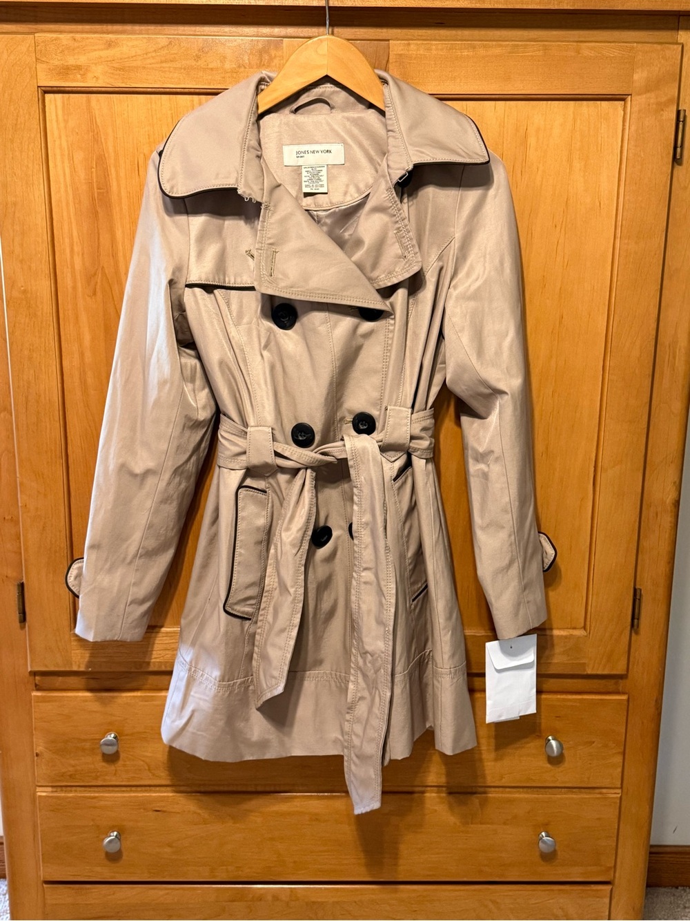 Jones New York Taupe Trench Coat with Black Button Detail